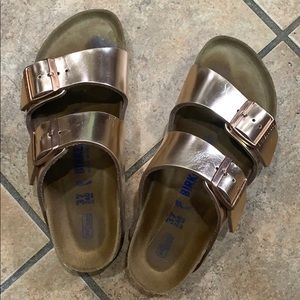 Birkenstocks metallic rose gold